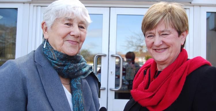 Healthwatch Northamptonshire volunteers Sheila White and Wendy Patel outside KGH Trust Headquarters