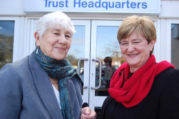 Healthwatch Northamptonshire volunteers Sheila White and Wendy Patel outside KGH Trust Headquarters